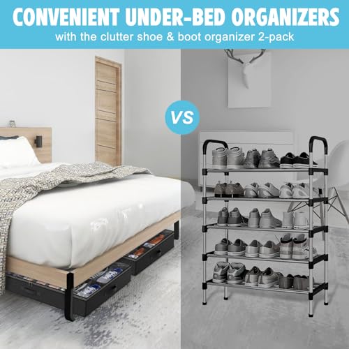 Under Bed Shoe Storage Organizer for Closet, 32 Pairs Sturdy Underbed Shoe Storage Boxes Bins Container Foldable Shoes Storage with Reinforced Handles & Clear Window for College Dorms Black, Set of 2 - color: Black