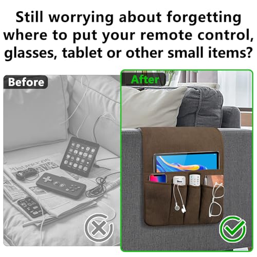 Couch Organizer Remote Control Holder Armchair Caddy, Anti Slip Corduroy Tv Remote Holder Couch Caddy with 5 Pockets for Storage Couch Accessories Bedside Organizer Senior Citizen Gifts - color: Brown