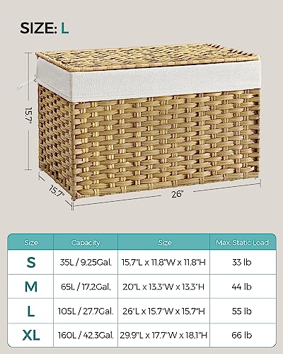 SONGMICS Storage Basket with Lid, Woven Blanket Storage Bin with Handles, Foldable, Removable Liner, Metal Frame, for Bedroom, Laundry Room, 27.7 Gallons (105 L), Natural URST066N01 - color: Natural, size: 105 L