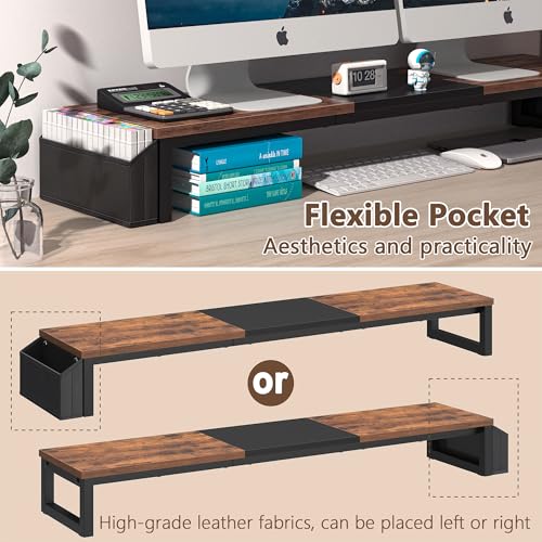 LAND·VOI Dual Monitor Stand Riser,41.5'' Long Monitor Stand for 2 Monitors, Wood Computer Riser with Pocket, Desktop Oraganizer with Pen Holder, Monitor Riser for Desk Computer,Laptop,TV, Rustic Brown - color: Rustic Brown, size: Single-Type