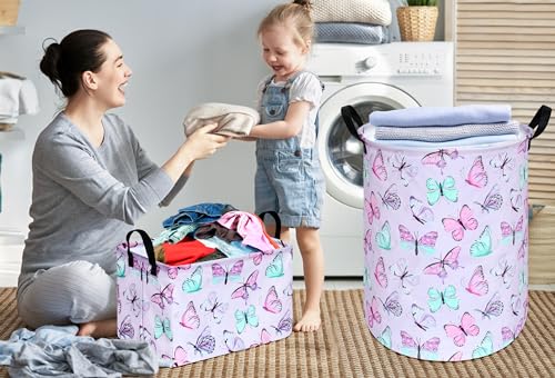 KUNRO Kids Laundry Hamper Clothes Gift Basket Storage Laundry Baskets Organizer Bin with Handles for Nursery Room (Purple Butterfly) - color: Purple-Butterfly