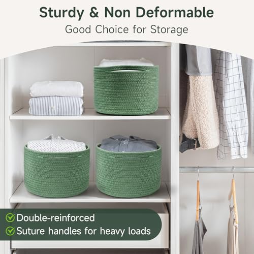 Small Rope Baskets for Storage, Baskets for Gifts Empty, Cute Round Woven Basket, Decorative Shelf Baskets 9.82×9.82×7.1", Cotton Toy Basket Storage Bins for Organizer 3 Packs Green - color: Green-3PCS
