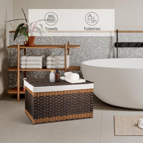 OIAHOMY Storage Basket with Lid, 42.3 Gallon (160L) Blanket Basket with Removable Liner Bag, Synthetic Wicker Hamper with Handle, Foldable, Hamper for Living Room, Brown - color: Gradient Brown, size: 160L