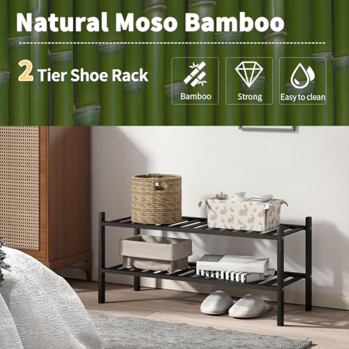 Shoe Rack, 2-Tier Bamboo Stackable Shoe Shelf Storage Organizer, Shoe Stand for Closet, Entryway and Hallway - color: Black, size: 2-Tier-Standard