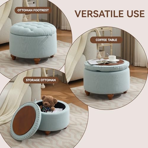WUTUTUEE 24Inch Round Storage Ottoman with Tray, Modern Tufted Fabric Circle Coffee Table with Storage, Upholstered Ottoman with Removable Top for Living Room, Bedroom, Light Blue - color: Blue, size: 24 Inch