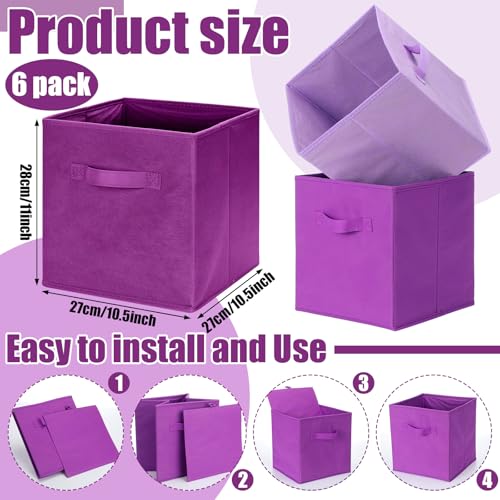 Karenhi 11" x 10.5" x 10.5" Purple Storage Cube, 6 Pack Fabric Cube Storage Bins Organizer Box, Collapsible Baskets with Handles Foldable Shelf for Cloth Toys Home Room Closet, Pack of 6 - color: Purple