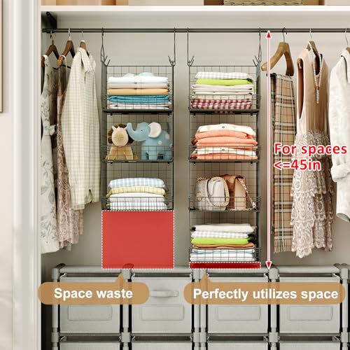4 Tier Closet Hanging Organizer, Closet Organizers and Storage with 5 S Hooks, Closet Hanging Shelves & Freestanding Wire Storage Basket Bins, for Clothing Shoes Handbags Clutches Accessories Patent - color: Black