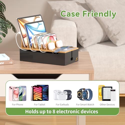 Pezin & Hulin Cable Management Box, Docking Station for Multi Devices, with 5 Ports Charge Adapter and 6 Cables, Wire Organizer for Cords, Box to Hide Cords and Storage Power Strip -Natural + Black - color: Natural+Black