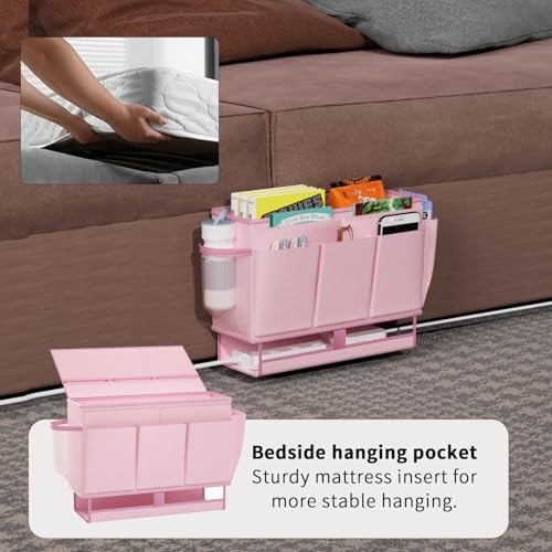 Bedside Caddy Bedside Organizer,Bed Caddy with 11 Pockets and Power Strip Holder,Versatile Bedside Storage Caddy for Home,Dorm,Bunk,Hospital,Crib Bed (Pink) - color: Pink