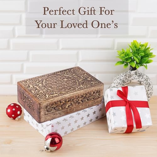 Ajuny Wooden Hand Carved Jewelry Box - Mango Wood Celtic Flower Carving Decorative Keepsake Box, Memory Box Organizer Travel Treasure Chest Trinket Holder Case Great Gifts 8x5 Inch - style: Celtic Flower