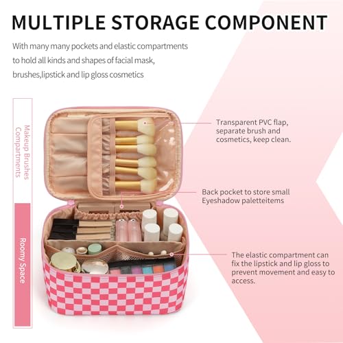 OCHEAL Makeup Bag Portable Cosmetic Bag For Women, Large Capacity Travel Makeup Case Organizer, Toiletry Bag for Girls Traveling With Handle and Divider-Pink - color: 0021_Grid Rose Red, size: Medium