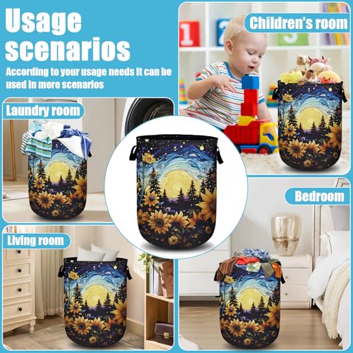 Starry Sky Sunflower Laundry Basket, Moon Flower Laundry Hamper Collapsible Oxford Cloth with Handle Clothes Toy Storage Bin for Bathroom Laundry Room Bedroom 15.7 X 20 Inch - color: Starry Sky Sunflower Moon