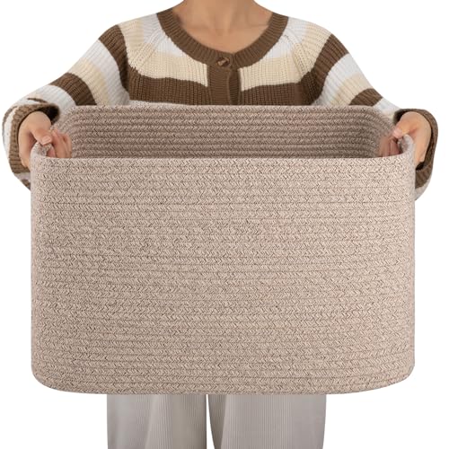 OIAHOMY Cotton Rope Basket, Rectangle Woven Nursery Blanket Basket, Toy Storage Basket with Handle, Baskets for Organizing, 18”x14”x12”, Brown variegated - color: Brown variegated, size: 18”x14”x12”