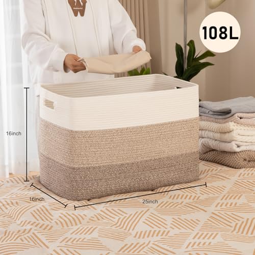 OIAHOMY 108L Super Large Blanket Basket, 25”x16”x16”(108L) Rectangle Woven Baskets for Storage, Cotton Rope Basket For Living Room, Toy Storage with Handle- Gradient Brown - color: Gradient Brown