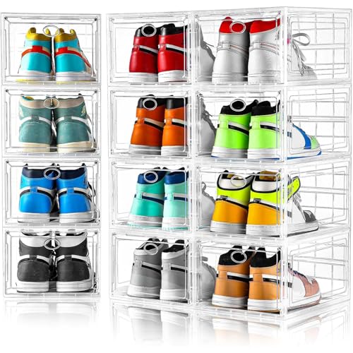 Amllas 12 Pack Clear Shoe Boxes Stackable,Shoe Storage Boxes for Closet,Sturdy Shoe Box Storage Containers with Clear Door,Sneaker Storage,Easy to Assemble,Fit up to US Size 12(13.8”x 9.84”x 7.1”) - color: Clear, size: 12 Pack