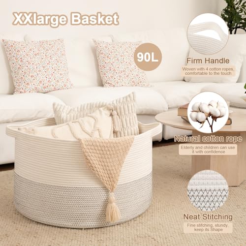 OIAHOMY 90L XXXLarge Blanket Basket for Living Room, 21.7" x 13.8" Woven Cotton Rope Laundry Basket for Organizing Pillows, Decorative Stuffed Animal Toy Storage Bin for Nursery, Black and White - color: Black and White, size: 21.7"D x 13.8"H