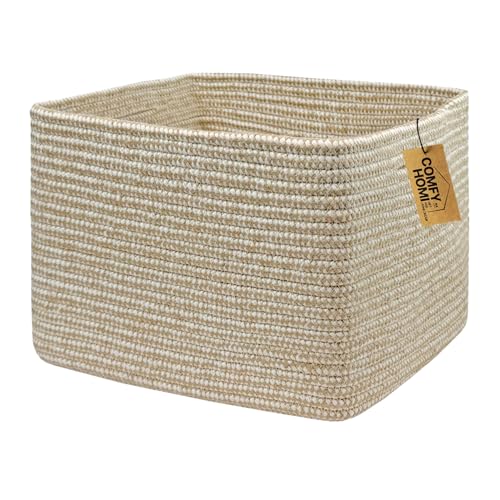 COMFY-HOMI Square Woven Cotton Rope Basket for Organizing, Gift Baskets for Handles, Empty Gift Baskets, Toy Basket for bins|13.5" x 11" x 9.5" home decor for Living Room, Bathroom - color: Camel/White, size: 13.5"X11"X9.5"