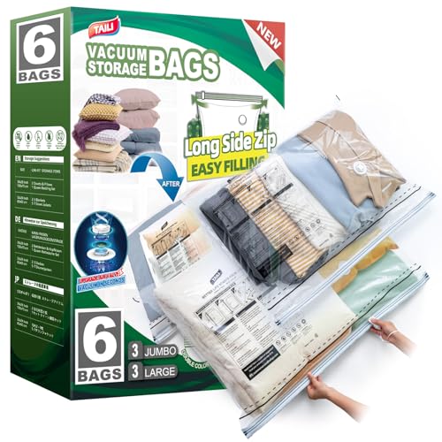 TAILI 6 Pack Vacuum Storage Bags, LONG SIDE ZIP (3 Large+3 Jumbo), Multi-Size Vacuum Seal Bags for Clothing, Storage Bulky Beddings, Comforters and Clothes, Space Saver for Closet Organization - size: 6 Combo