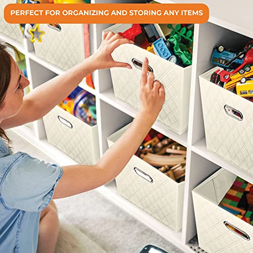 FH Group JIAessentials 12" Faux Leather Foldable Storage Cube Bins Set of 2 – Beige Diamond Patterned Organizers with Handles for Closet & Shelves - color: Beige, size: Medium