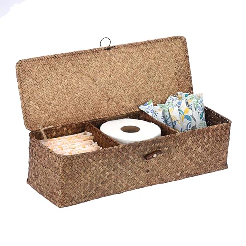Sumnacon Extended Seagrass Storage Basket with Lid 3-Section Wicker Storage Basket,Small Woven Shelf Basket for Toiletries Tampon Storage,Seagrass Basket for Shelf Bathroom Toilet Counter,Coffee - color: Coffee, size: Large