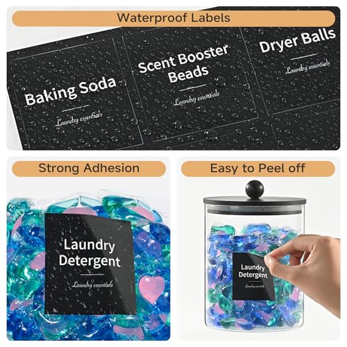 Glass Laundry Pods Container & Acrylic Dryer Sheet Holder with Balck Bamboo Knobs Lids, Scoops & Labels | Premium Laundry Room Organization and Storage for Detergent Pods, Powder, Dryer Balls & Beads - color: Black Cap with handle