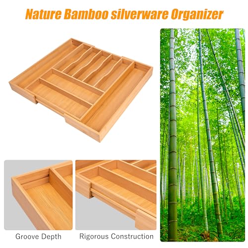 Bellsal Large Premium Bamboo Silverware Organizer - Expandable Utensil Drawer Organizer - 17"x19.6" Utensil Holder and Cutlery Tray with Grooved for Kitchen Flatware and Utensils Mother's Day Gift - color: Nature, size: 9 Slots Expandable