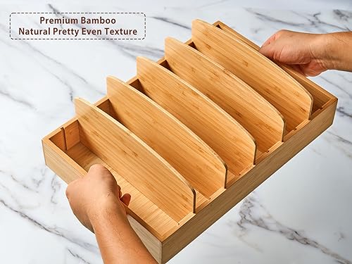 Umilife Extra Large Kitchen Cabinet & Drawer Organizer, Bamboo Lid Holder with 5 Tall Adjustable Dividers, Pantry Organization and Storage for Food Container Lid - size: Extra Large