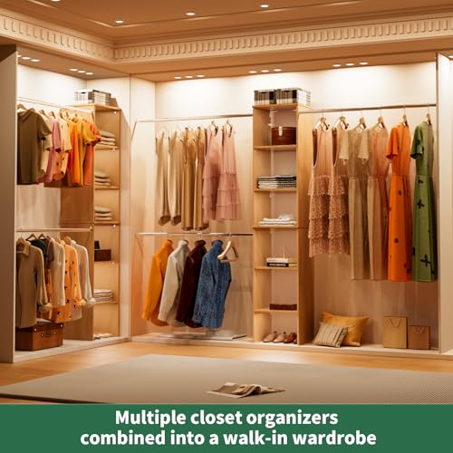 ROOMTEC Closet System, 17" Wide Wall-Mounted Closet Organizer Kit with Wood Storage Tower and 3 Hanging Rods, Wardrobe Closet System for Walk-In Closets, Wood - color: Wood, size: 17 Inch