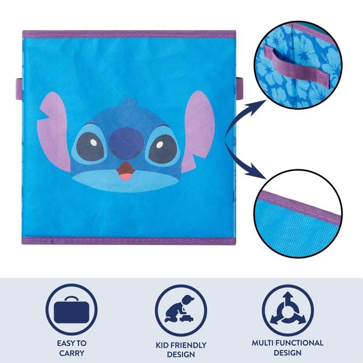 Disney Stitch Storage Bins,10" Collapsible Fabric Cubes, Pack of 2,Kids Organizer, Nursery & Bedroom Decorative Storage Boxes with Handles