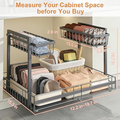 Under Sink Organizer, 1 Pack 2-Tier Expandable Pull Out Storage with Ball-Bearing Slides, Height Adjustable for Kitchen Bathroom Cabinet, Black