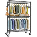 VIPEK R2 Plus Heavy Duty Rolling Garment Rack 3 Tiers Adjustable Wire Shelving Clothes Rack with Double Rods and Side Hooks, Freestanding Wardrobe Storage Rack Metal Clothing Rack, Black - color: Black, size: R2 Plus