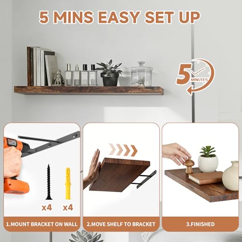 Easy Install Floating Shelves, 15.7 Inch Wall Mounted Wooden Shelf, Small Hanging Shelf for Home Decor, Books and Storage, Organizer for Bedroom, Bathroom, Kitchen, Set of 3, Vintage Brown - color: Vintage Brown, size: 15.7IN
