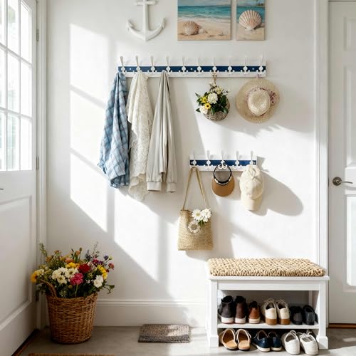 SKOLOO Coastal Wall Mounted Coat Rack - 38-1/8" Beach House Entryway Wooden Coat Hook with 10 Hooks for Hanging Coats, Hats or Towels, Oceanfront Cottage Core Collection, White & Blue - color: Blue & White Plates & White Hook, size: 1 Item-10 Hooks