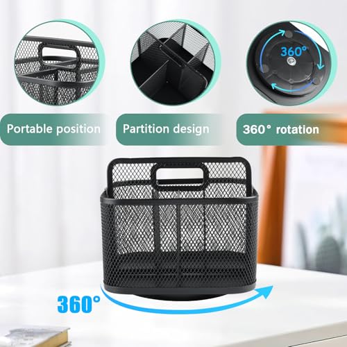 360° Rotating Remote Control Holder, Metal Mesh 5 Compartments Remote Caddy with Handle for Desk or Nightstand Storage, Space-Saving Desk Organizer Style Supply Organizers for Office Desk Accessories