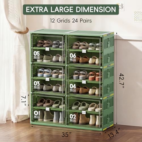 JEKO&JEKO 6 Tiers Green Foldable Shoe Rack Organizer for Entryway, Outdoor Front Door Shoe Storage Cabinet, Large Collapsible Shoe Box with Magnetic Doors, Holds Up to 24 Pairs - color: Double-row(Green), size: 6 Tiers