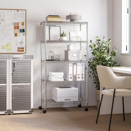 Seville Classics 5-Tier Wire Shelving with Wheels, 5-Tier, 30"" W x 14"" D (NEW MODEL), Chrome Plating, Plated Steel - color: Plated Steel, size: 5-Tier, 30" W x 14" D (NEW MODEL)