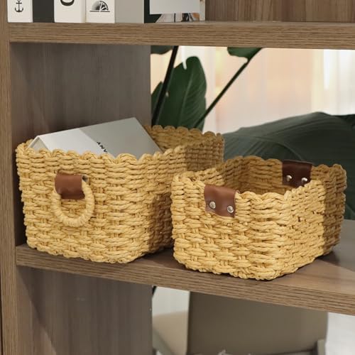 Small Paper rope baskets for Organizing,Cute woven storage Little basket for Home，Shelves, Bathroom,Decorative basket,Set of 3 (Desert color) - color: Desert color