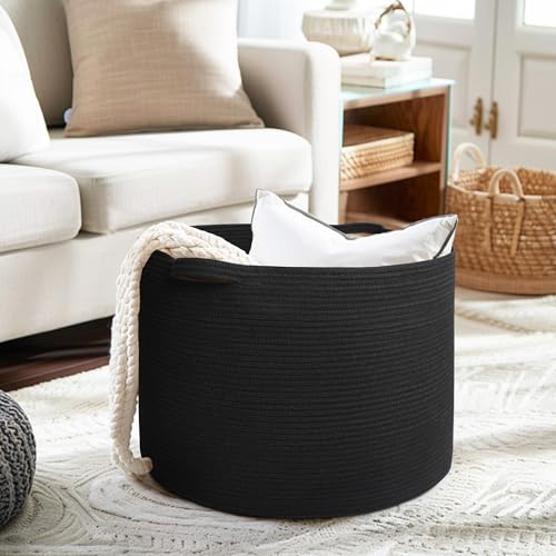 Large Black Blanket Basket, 22"x14" Woven Cotton Rope Baskets for Organizing, Kids Dog Toy Bin Box, Large Wicker Blanket Storage for Living Room, Throw Pillow Holder Organizer, Shoe Towel Bin - color: Black