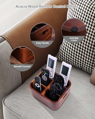 LYNG Acacia Wood Remote Control Holder Caddy, Solid Wood Organizer with 4 Adjustable Dividers & Handle, Remote Organizer for Coffee Table & Living Room