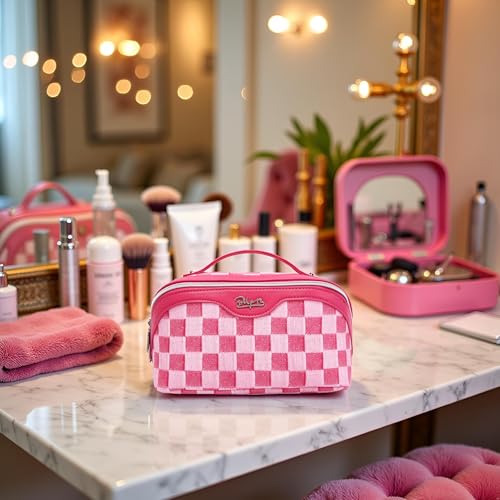 BOYATU Travel Makeup Bag for Women: Large Cosmetic Bag Set of 3 - PU Leather Make up Bag with Compartments - Compact Waterproof Toiletry Bag with Divider & Handle (D-4-Red) - color: D-4-Red