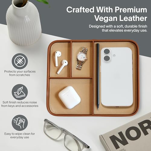 Nordik Leather Valet Tray - Sand Brown - 9.5 x 7.9 Inch Medium Vegan Leather Tray - Stylish Nightstand Organizer for Men - Modern Bedside Caddy - EDC Catchall for Key Watch Wallet Jewellery - color: Sand Brown, size: 9.5in x 7.9in