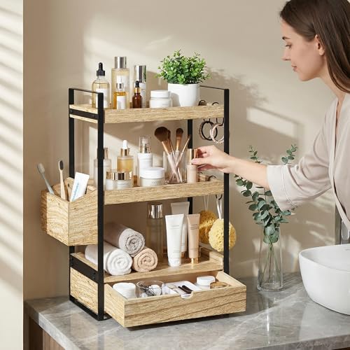 3-Tier Bathroom Counter Organizer with Drawer Basket and Hooks, Wood Bathroom Organizers and Storage for Countertop, Farmhouse Brown Countertop Organizer, Counter Shelf for Vanity, Kitchen,Office - color: Dark Brown