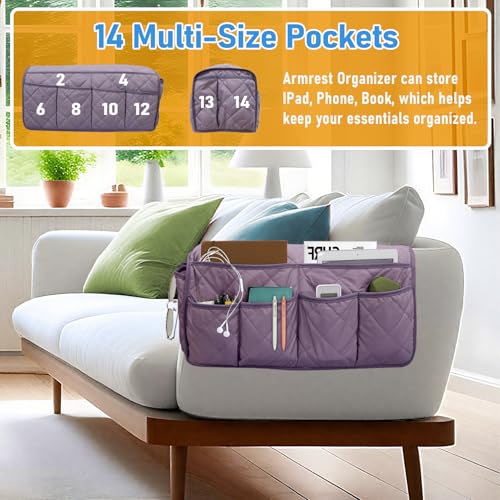 Armchair Caddy, Sofa Armrest Organizer, Non Slip Recliner Organizer, Remote Control Holder for Recliners, Recliner Arm Caddy with 14 Pockets Storage for TV Remote, Phone, Magazine (Purple) - color: Purple