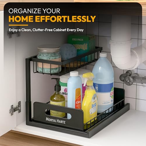 MORTALHARTS Under Sink Organizer – 1 Pack 2-Tier Sliding Storage Rack – Pull-Out Cabinet Organizer with Adjustable Metal Shelf, L-Shaped Design for Kitchen, Bathroom & Laundry Cabinets - color: Black