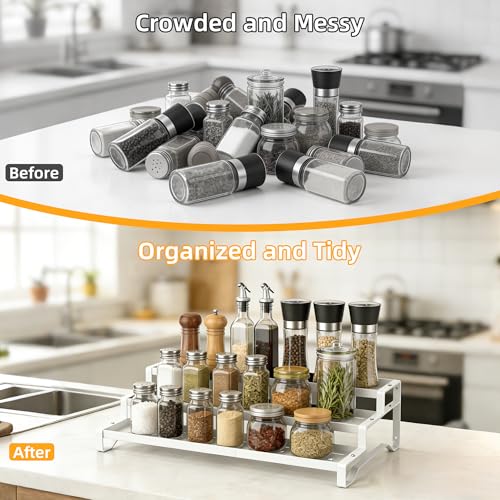3-Tier Spice Rack Organizer, 13"-21.5" Expandable Spice Organization Shelf, Metal Seasoning Organizer for Kitchen Countertop or Pantry, Slip-Resistant Design for Jars and Bottles, White - color: White