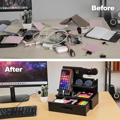TESLYAR Wood Phone Docking Station with Drawer - Nightstand Organizer - Desk Organizer for Husband - Birthday Gifts for Men, Dad, Anniversary Idea, Key Holder Stand Watch & Accessories (Fumed Black) - color: Fumed Black