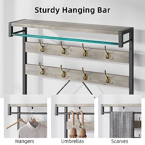 IDEALHOUSE Coat Rack Shoe Bench Industrial Hall Tree Storage Bench for Entryway Wood Look Accent Large Shoe Rack with Storage Shelf Hanging Bar,8 Hooks Grey 39.9"x15.7"x72" - color: Grey
