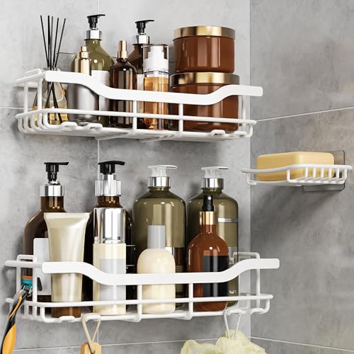 OMAIRA 3-Pack Shower Caddy with Soap Holder, Adhesive Rustproof No-drill Strudy Loading Inside Shower Organizer Shelves Rack Storage Bathroom Organization for Smooth Wall Glass Tile, White (X-Large) - color: 3PCS White - XX Large