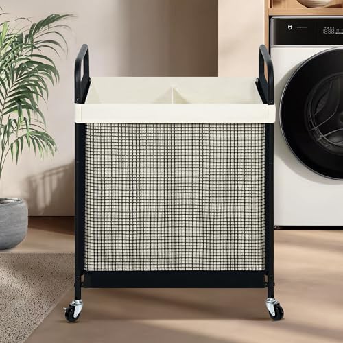 STO STO Laundry Hamper 2 Section, 100L Rolling Laundry Sorter Cart with Removable and Washable Liner Bag, Clothes Hamper with Wheels and Metal Handle for Laundry Room and Bedroom - color: Beige, size: 2-Section