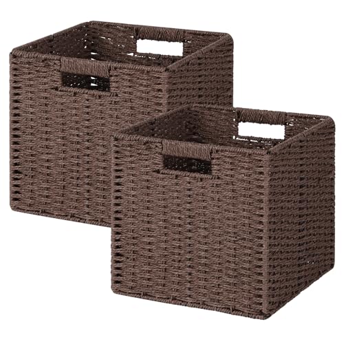 Woven Wicker Storage Baskets 2-Pack, 11x11 Handwoven Paper Rope Organizer Bins, Foldable Cube Storage Cubes with Built-in Handles for Shelves and Closet Organization(Dark Brown） - color: Dark Brown, size: 2 Pack